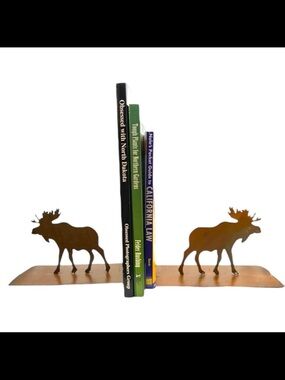 2 Handcrafted Copper Distressed Moose & Tree Metal Unique Bookends 7.25”Length